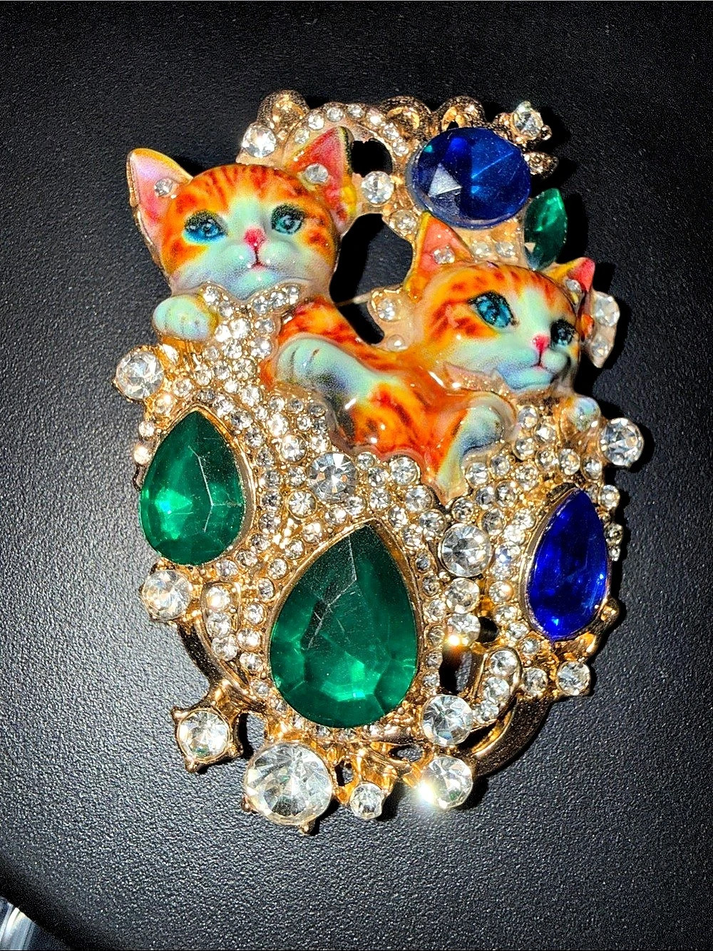 Cat Brooch in Gold, Blue & Green